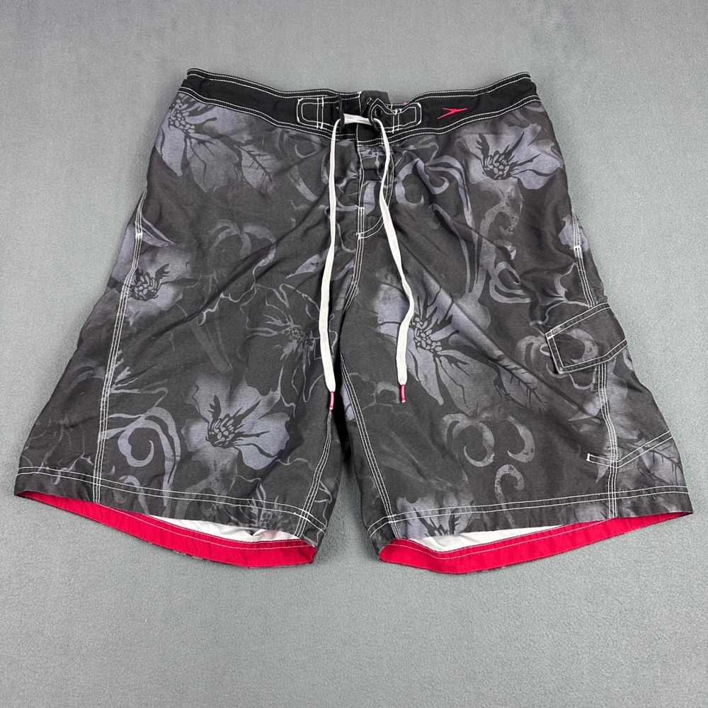 Speedo Mens XL Board Shorts Gray Black Floral Hibiscus Swim Trunks 7782258